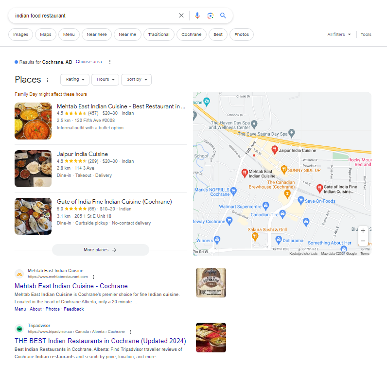 Local SERP example for indian food restaurant search phrase